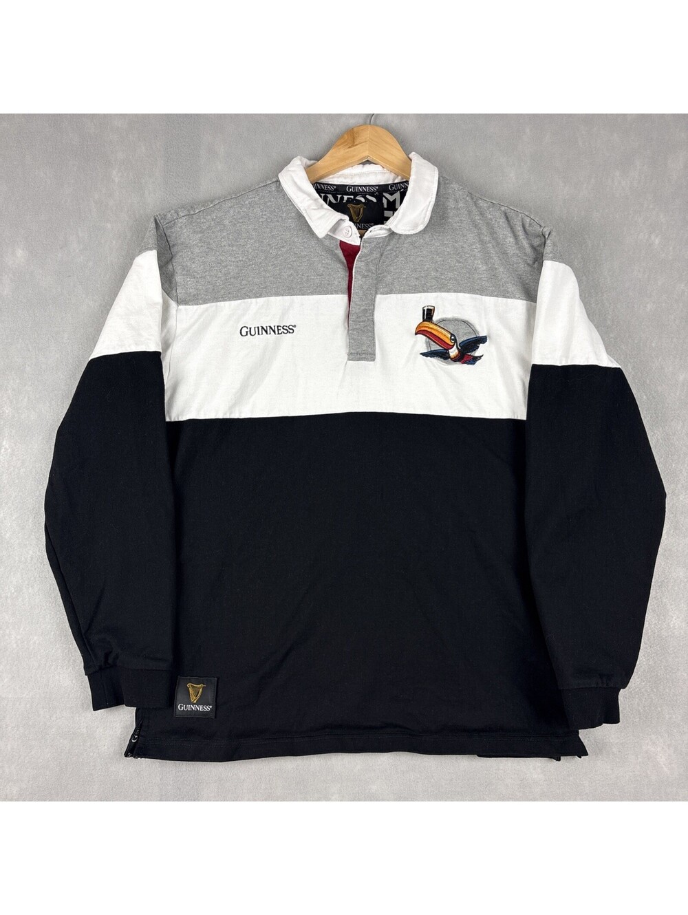 Guinness Rugby Shirt Men’s XL Black White Gray Striped Long Sleeve Toucan Casual